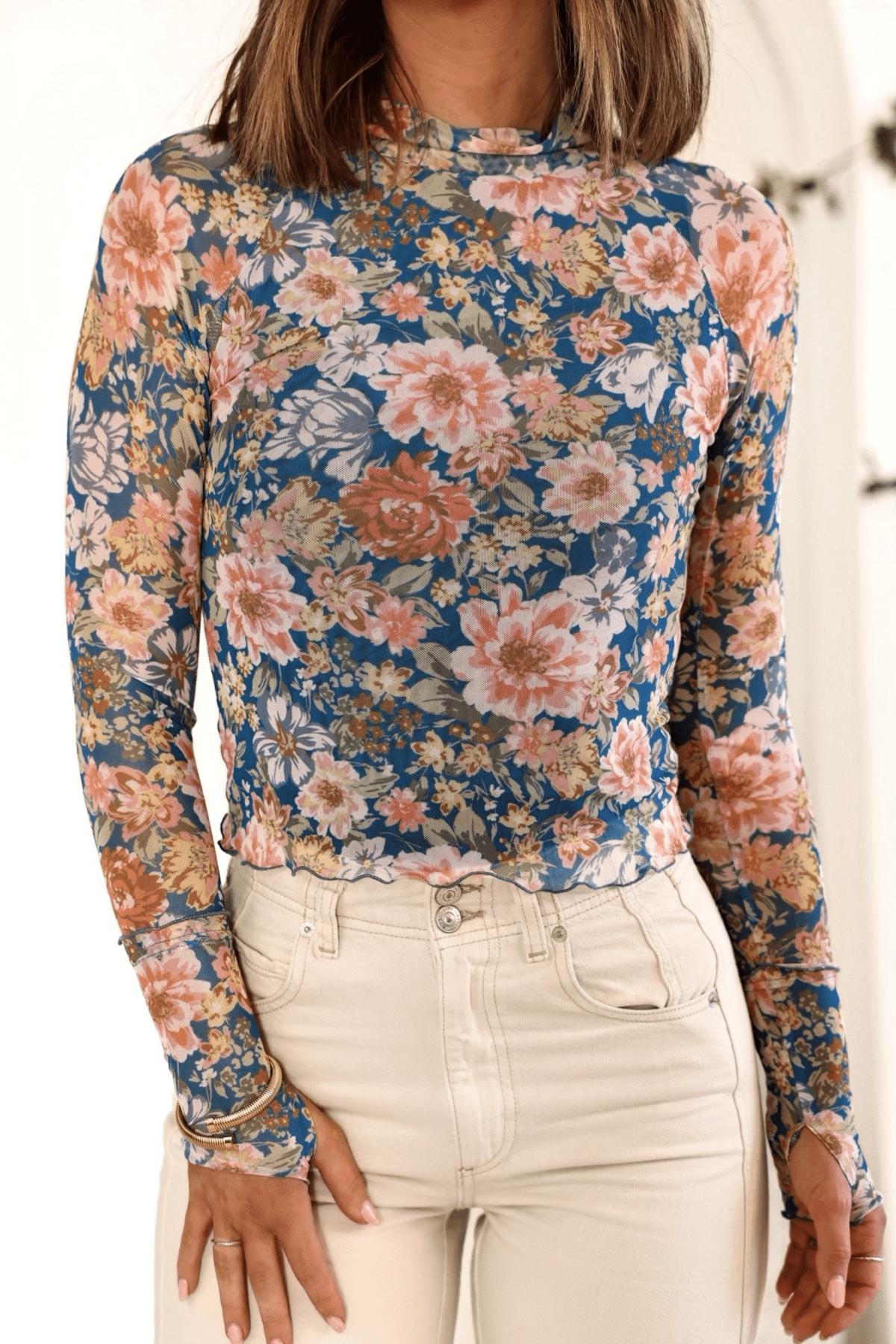 Blue Floral Mesh Top Product Image