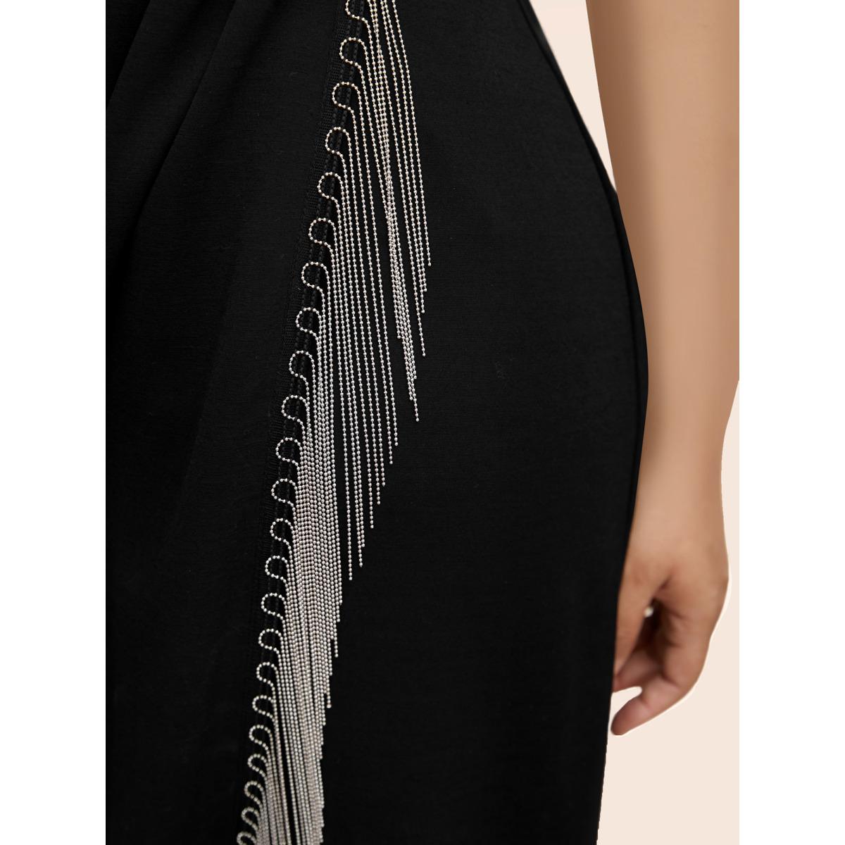 Plus Size Notched Collar Tassel Trim Cami Dress Cyan Women Cocktail Tassels Notched collar Sleeveless Curvy BloomChic 14-16/1X Product Image