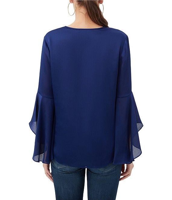 Trina Turk Yuki Crinkle Georgette V-Neck 3/4 Bell Sleeve Blouse Product Image