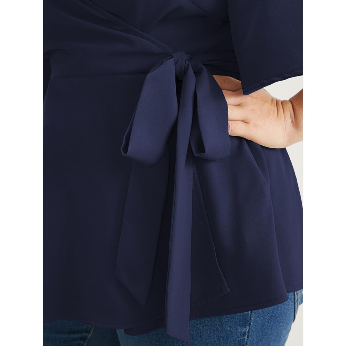 Plus Size Indigo Plain Ruffles Button Belted Wrap Babydoll Blouse Women Elegant Short sleeve V-neck Dailywear Blouses BloomChic 28/5X Product Image