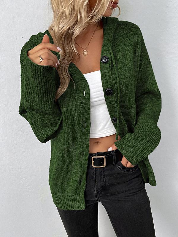 Wrap Buttoned Hooded Solid Color Cardigan Product Image