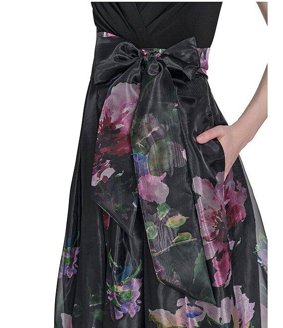 Eliza J V-Neck Sleeveless Floral Print Organza Ball Gown Product Image