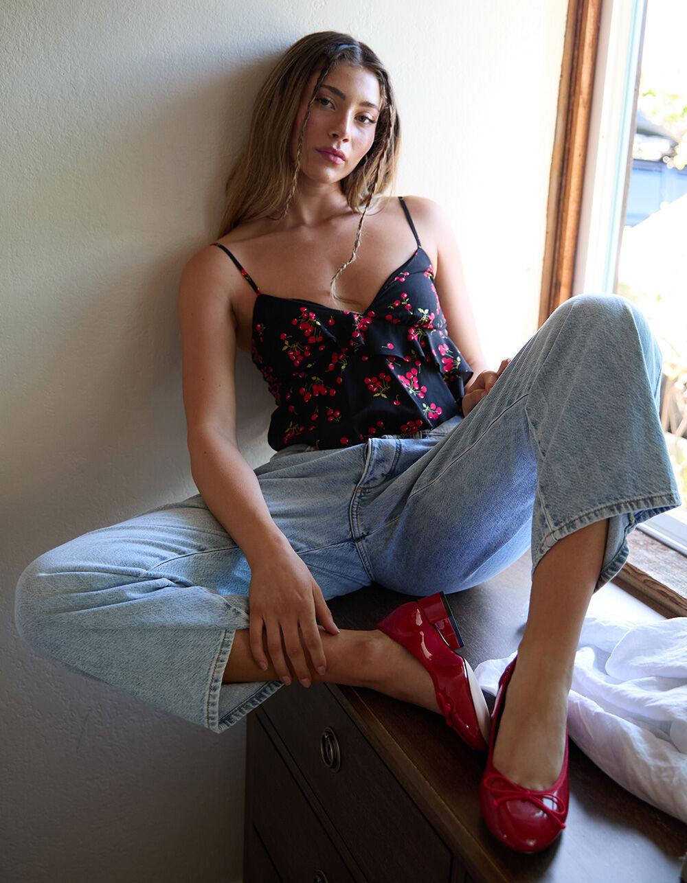 FULL TILT Ruffle Cherry Womens Babydoll Top - BLACK COMBO Product Image