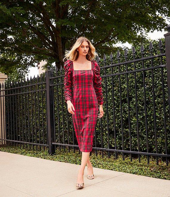 Antonio Melani Elena Plaid Square Neck Long Ruched Sleeve Dress Product Image