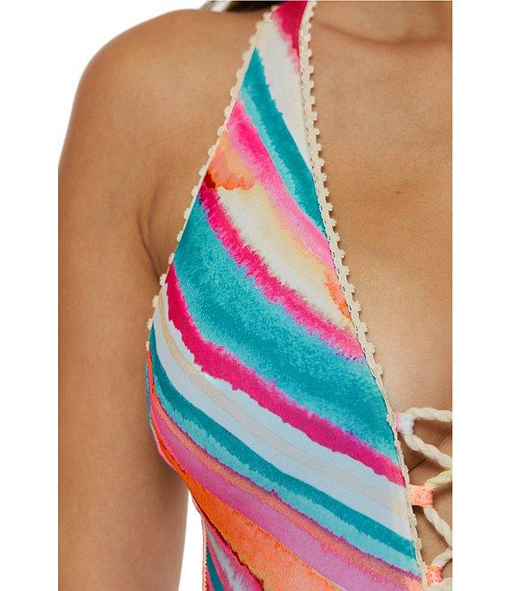 Lucky Brand Porto Covo Water Color Placement Print Plunge One Piece Swimsuit Product Image