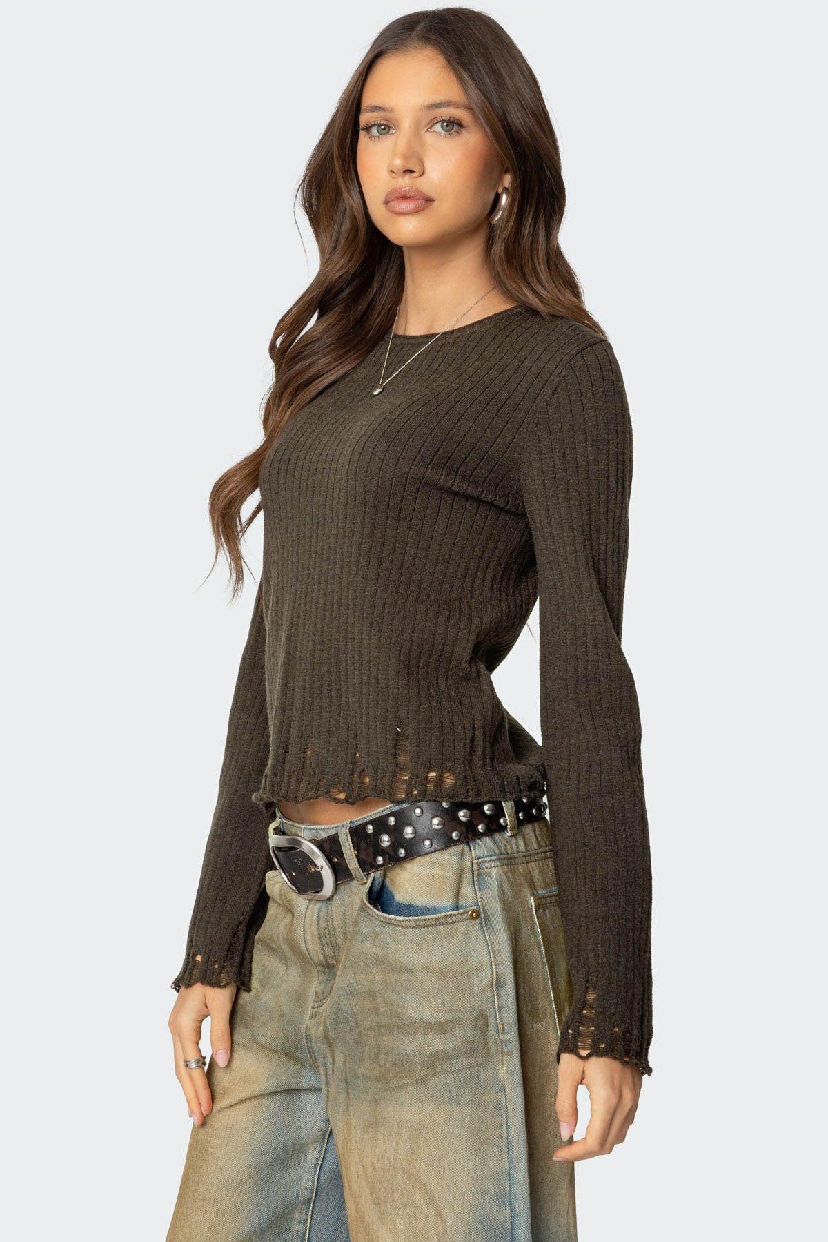 Distressed Ribbed Knit Sweater Product Image