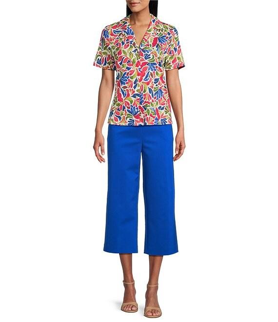 Investments Petite Size Knit Folk Art Floral Short Sleeve Button Front Notch Collar Camp Top Product Image