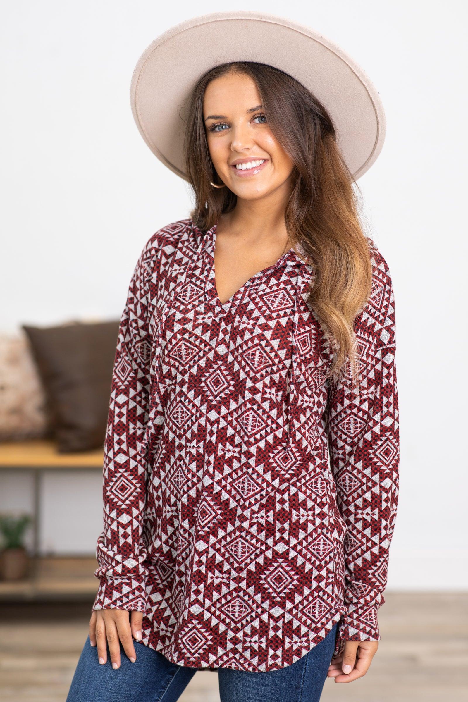 Burgundy Aztec Print V-Neck Top Product Image