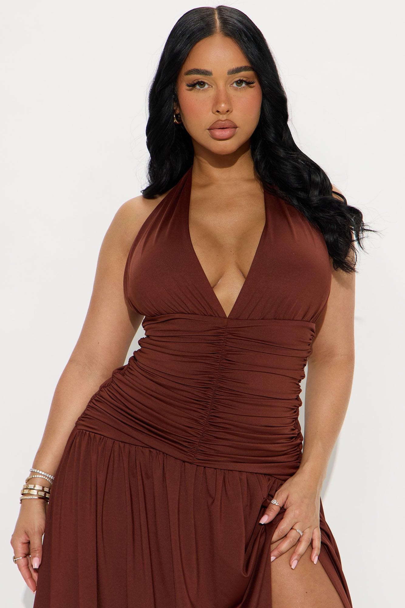 Melody Ruched Halter Maxi Dress - Brown Product Image