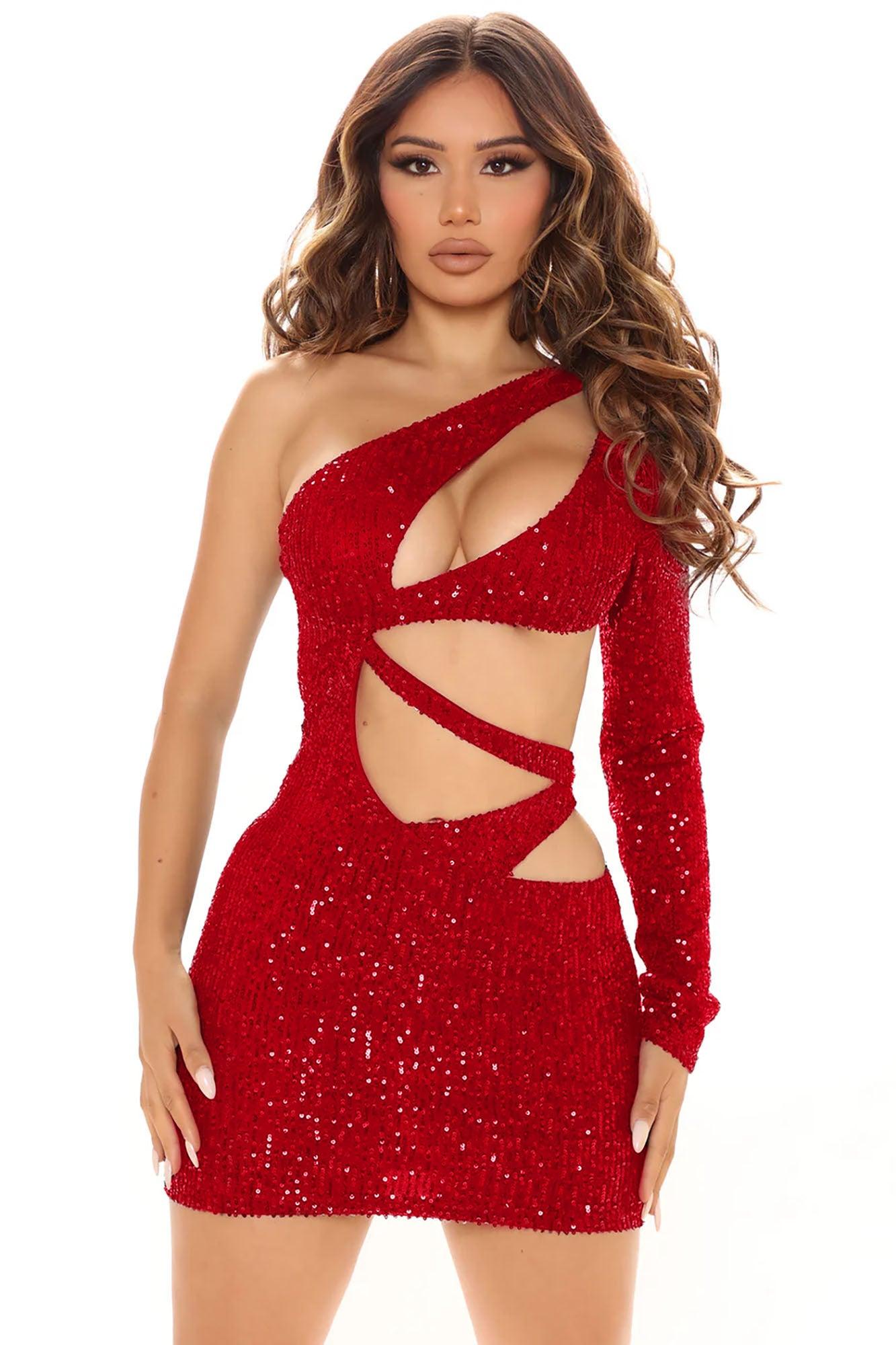 Disco Club Sequin Mini Dress - Red Product Image