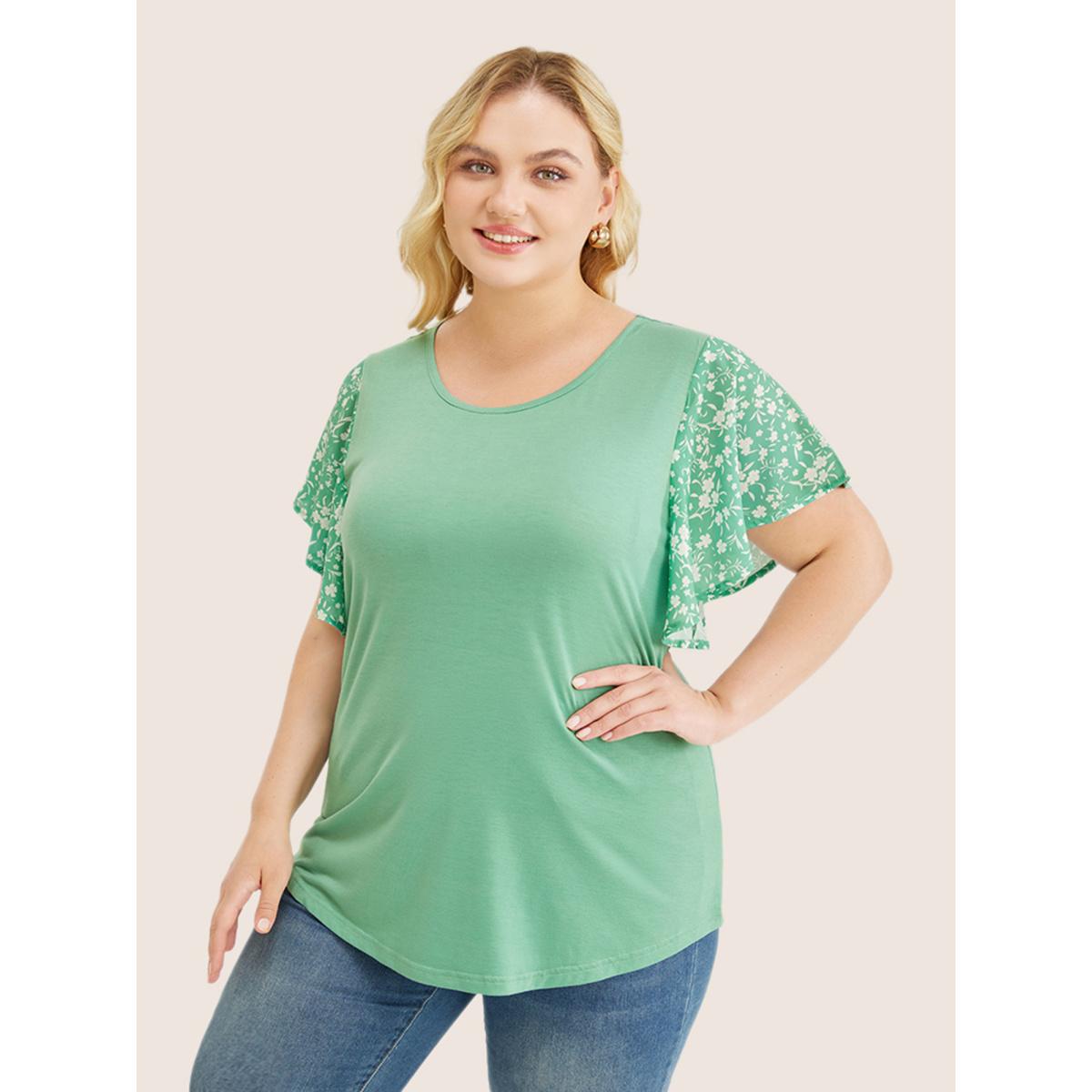 Plus Size Ditsy Floral Ruffle Sleeve Round Neck T-Shirt Mint Women Elegant Ditsy Floral Everyday T-shirts BloomChic 30/6X Product Image