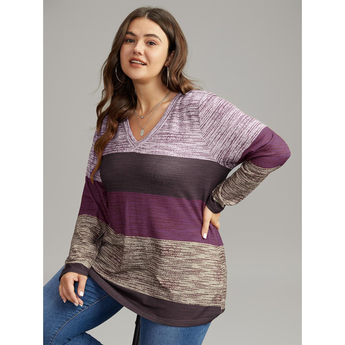 Plus Size Striped Colorblock Contrast V Neck T-shirt Purple Women Casual Contrast Colorblock V-neck Everyday T-shirts BloomChic 28/5X Product Image