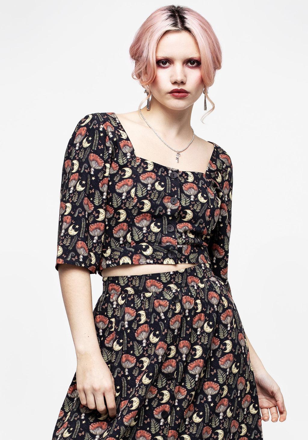 Dreamfast Mushroom Moon Print Button Up Tie Crop Top Product Image