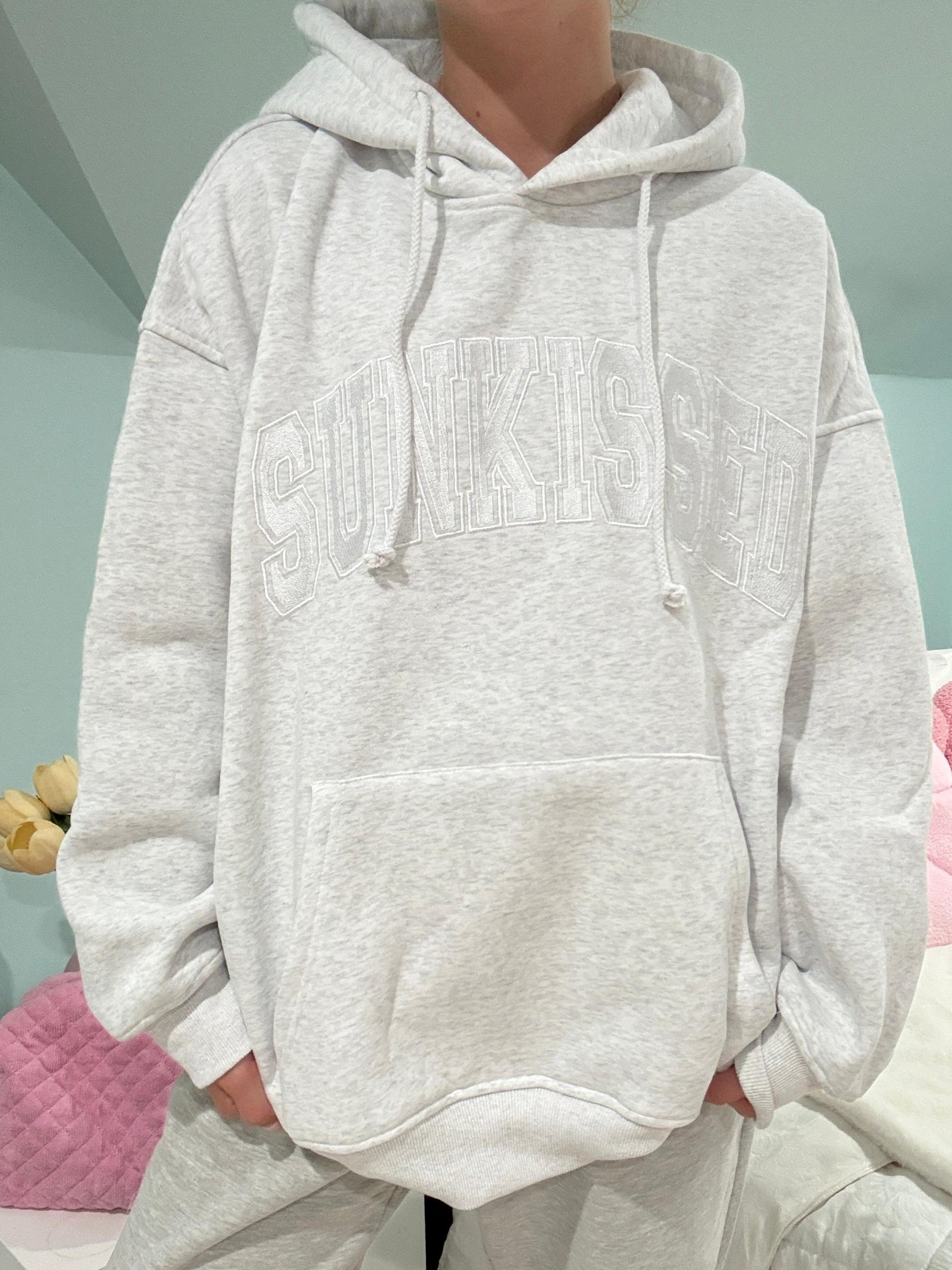 Pearl Grey With White Letters Sunkissed Varsity Embroider Hoodie Product Image