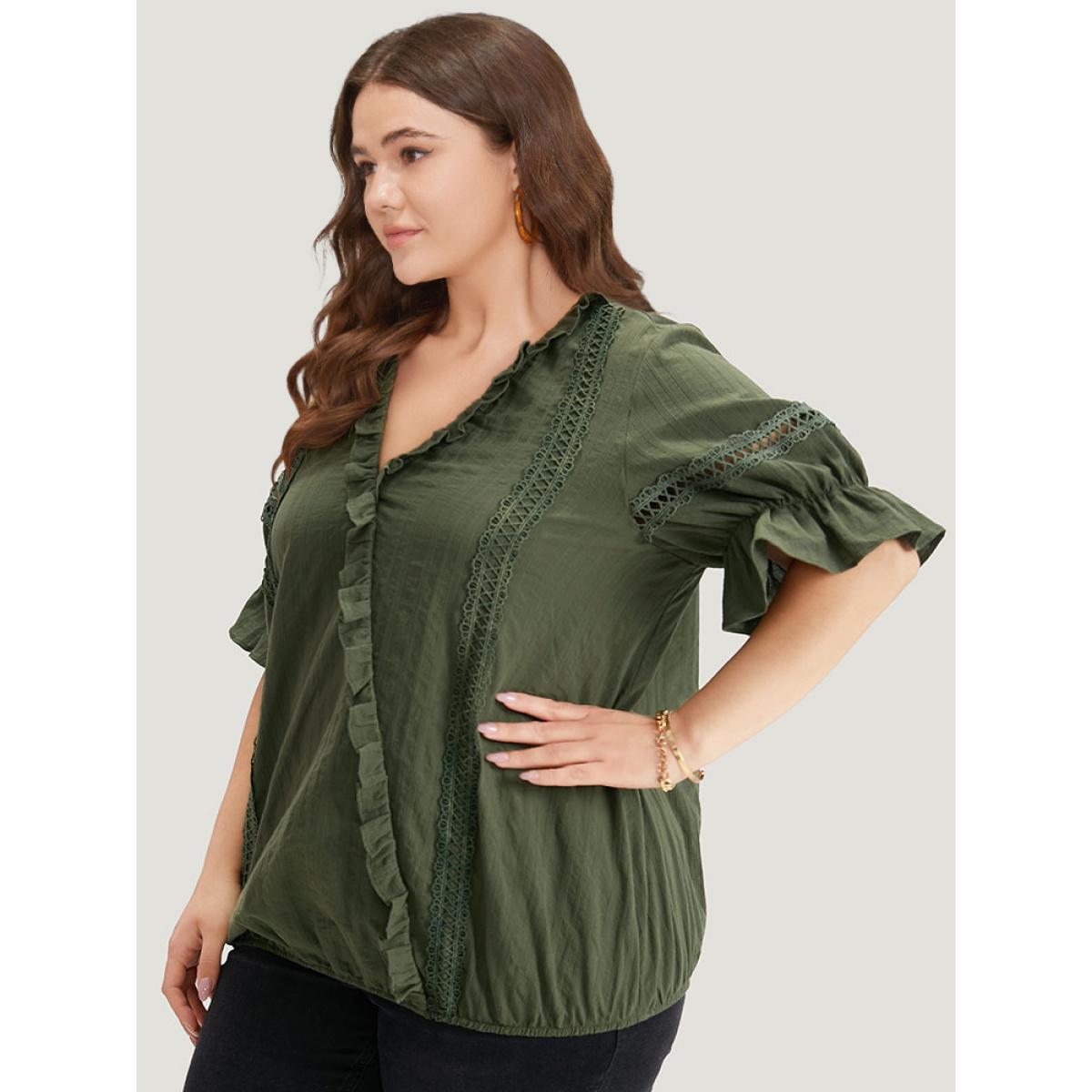 Plus Size ArmyGreen Solid Ruffle Trim Guipure Lace Elastic Hem Blouse Women Vacation Short sleeve V-neck Dailywear Blouses BloomChic 10/M Product Image