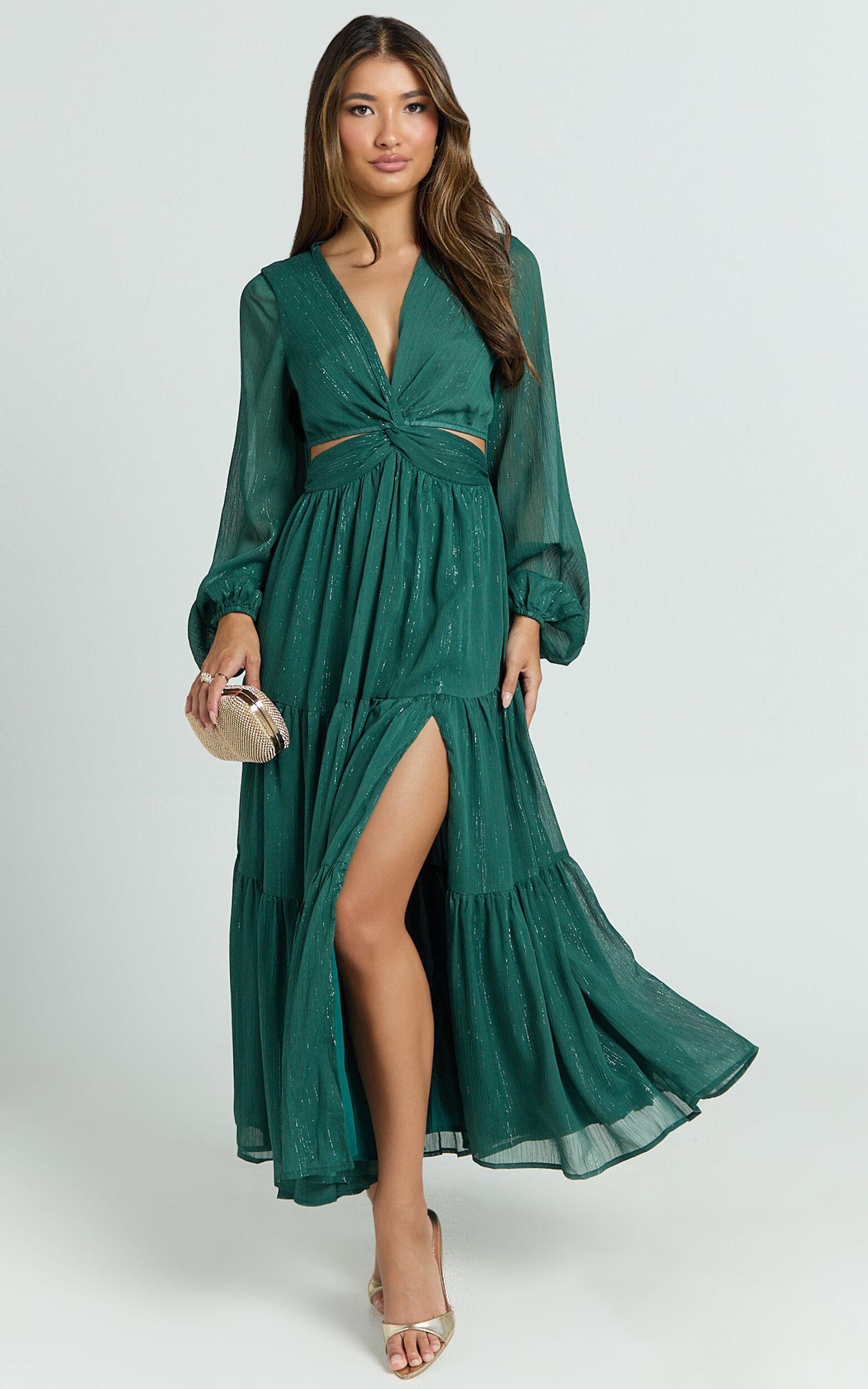 Edelyn Midi Dress - Cut Out Balloon Sleeve Tiered Dress in Emerald Product Image