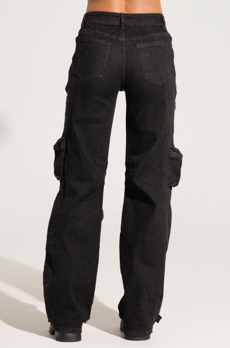 CALLING THE SHOTS CARGO DENIM WITH RHINESTONES IN BLACK Product Image