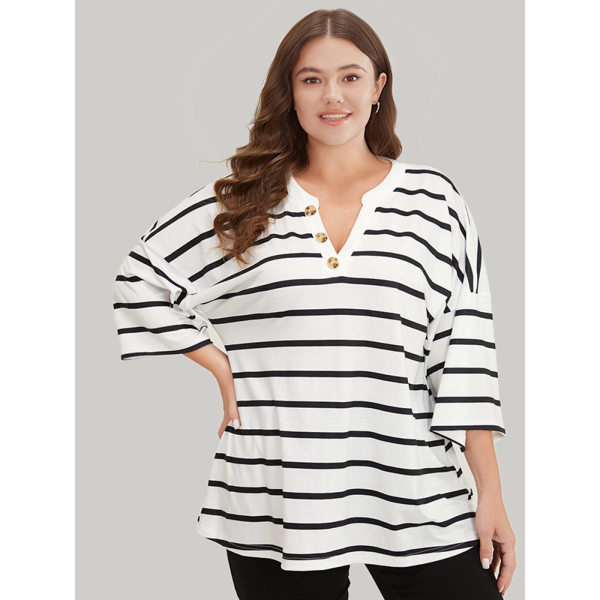 Plus Size Striped Print Button Detail Notched T-shirt White Women Casual Button Striped Notched collar Dailywear T-shirts BloomChic 12/L Product Image