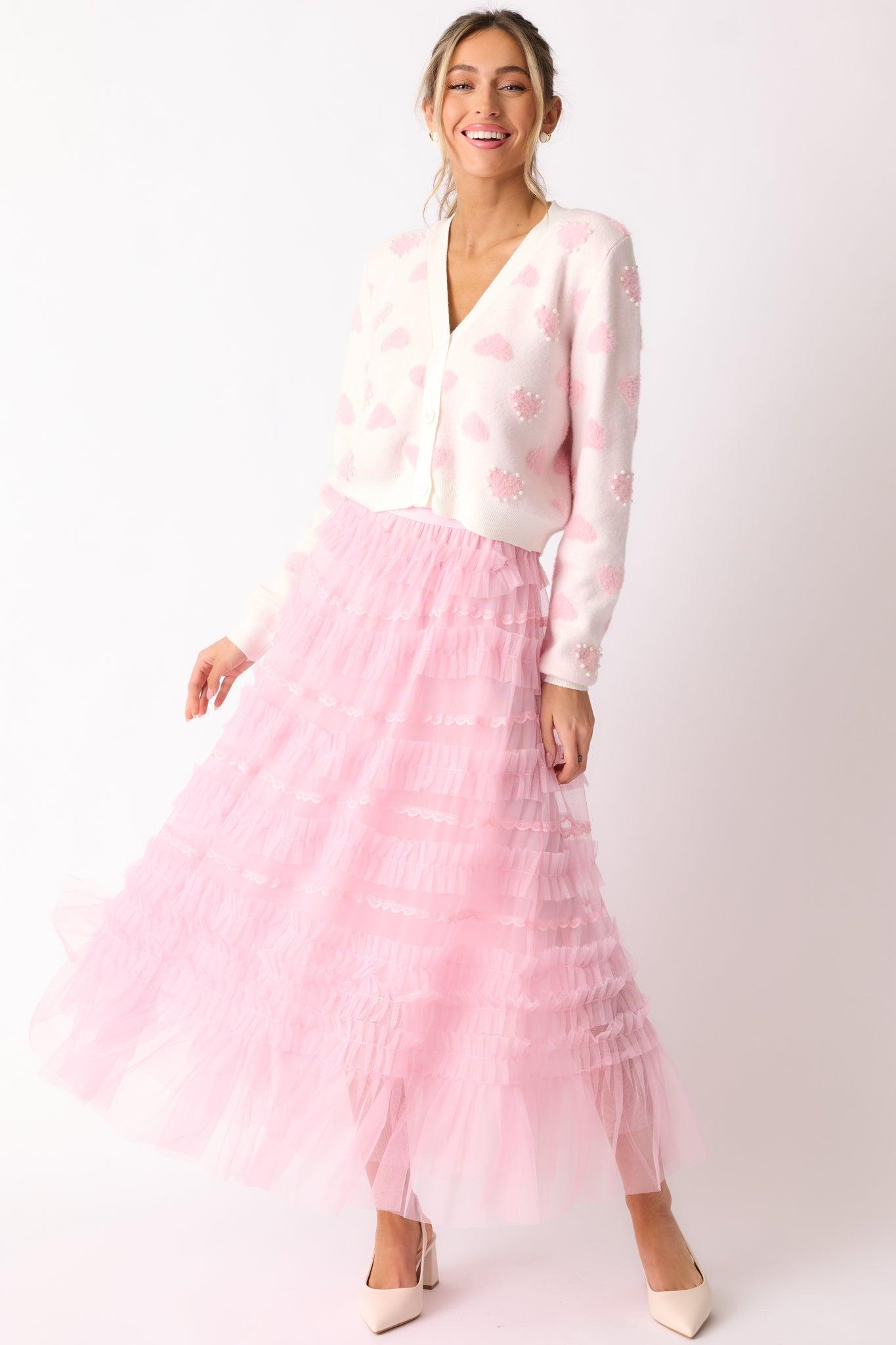 Walk In The Garden Light Pink Ruffle Tulle Midi Skirt Product Image