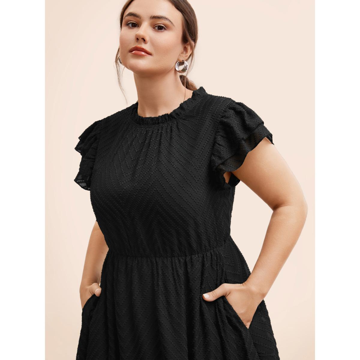 Plus Size Plain Geometric Layered Sleeve Pocket Ruffle Mock Neck Dress Pureblack Women Office See through Round Neck Cap Sleeve Curvy Midi Dress BloomChic 10/M Product Image