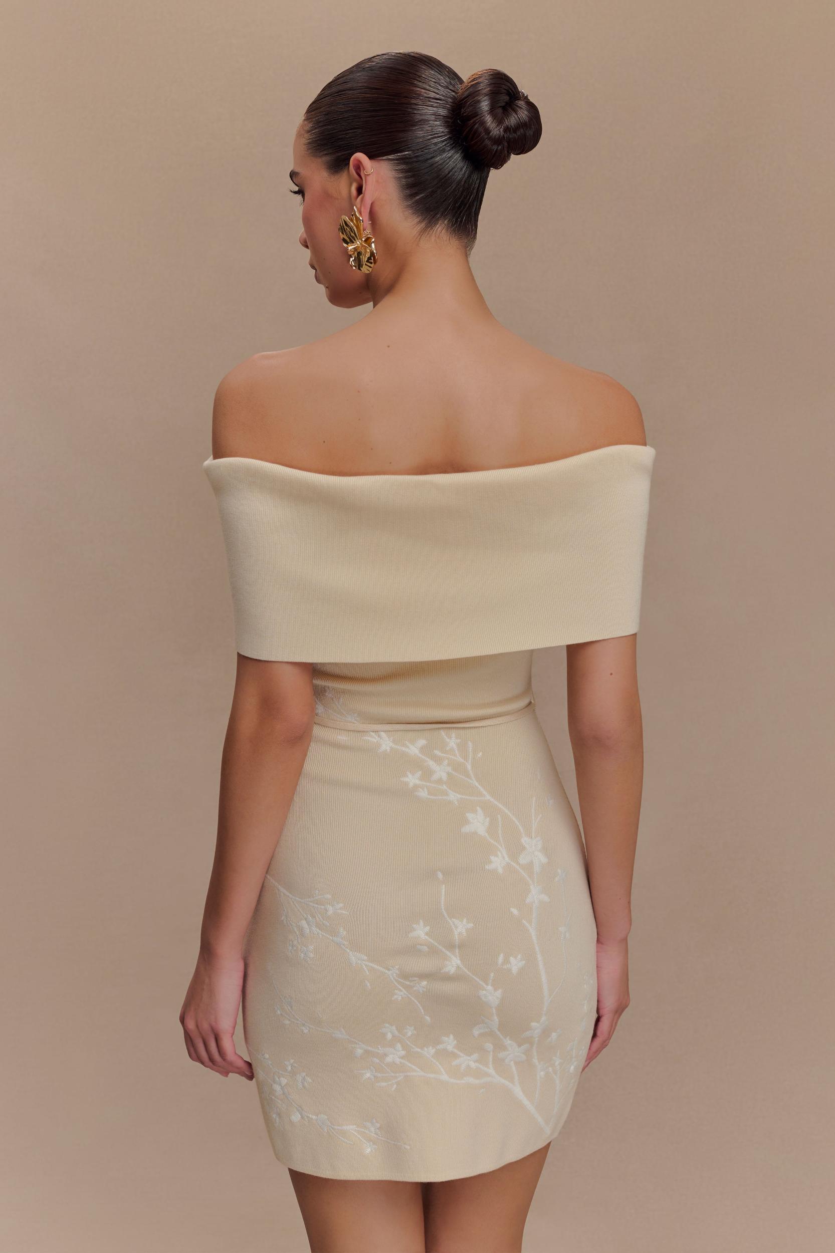 Mallory Off Shoulder Embroidered Knit Mini Dress - Cream And Ivory Product Image