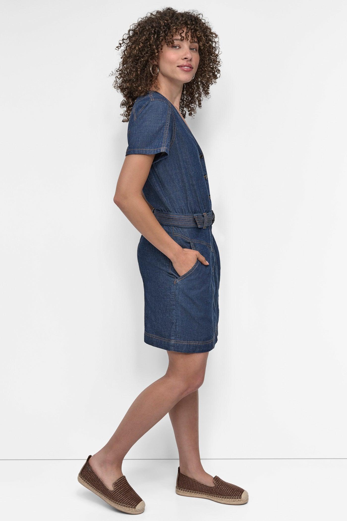 BUTTON FRONT DENIM MINI DRESS Product Image