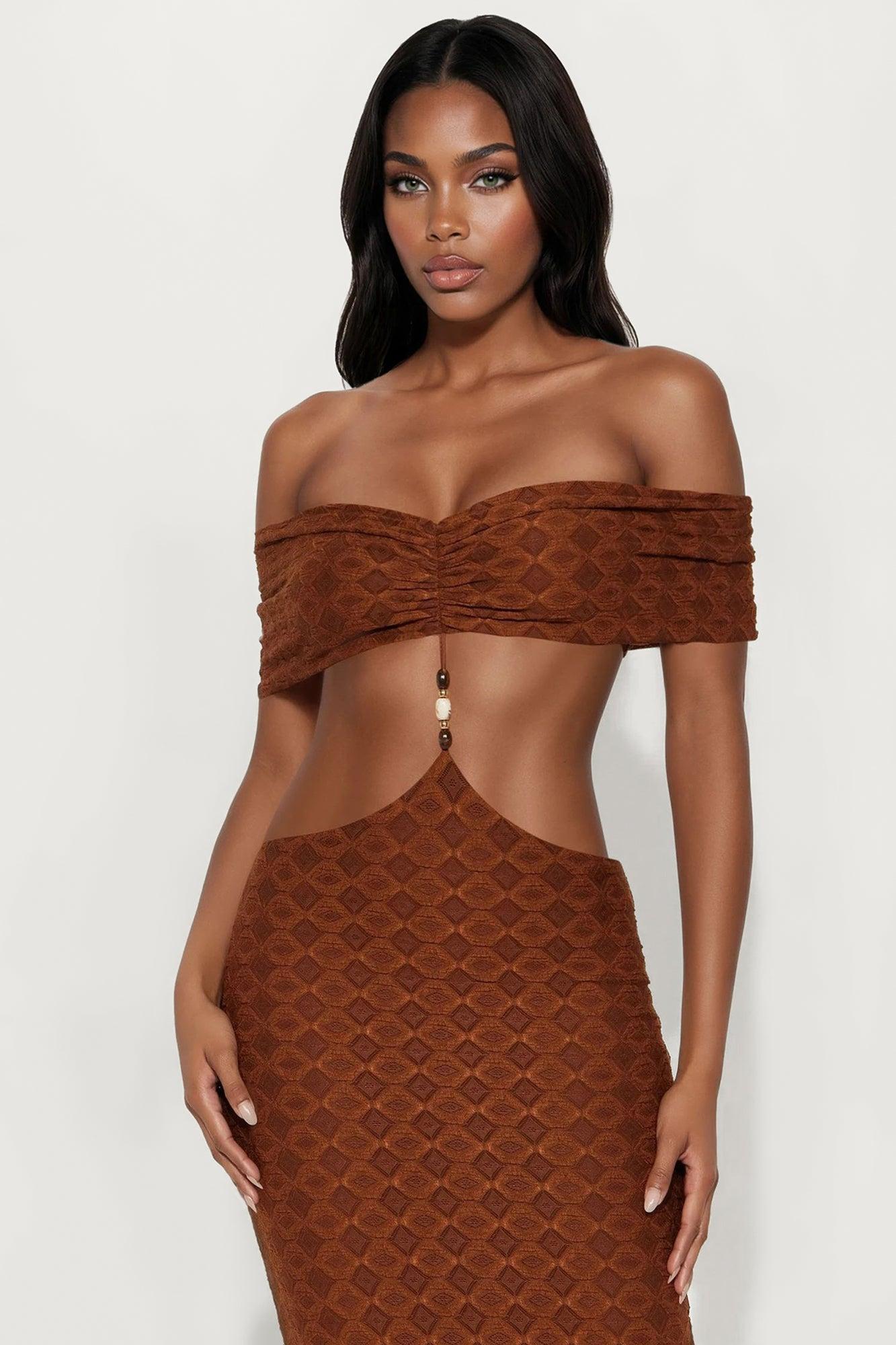 Beverly Textured Cut Out Maxi Dress - Brown Female Product Image