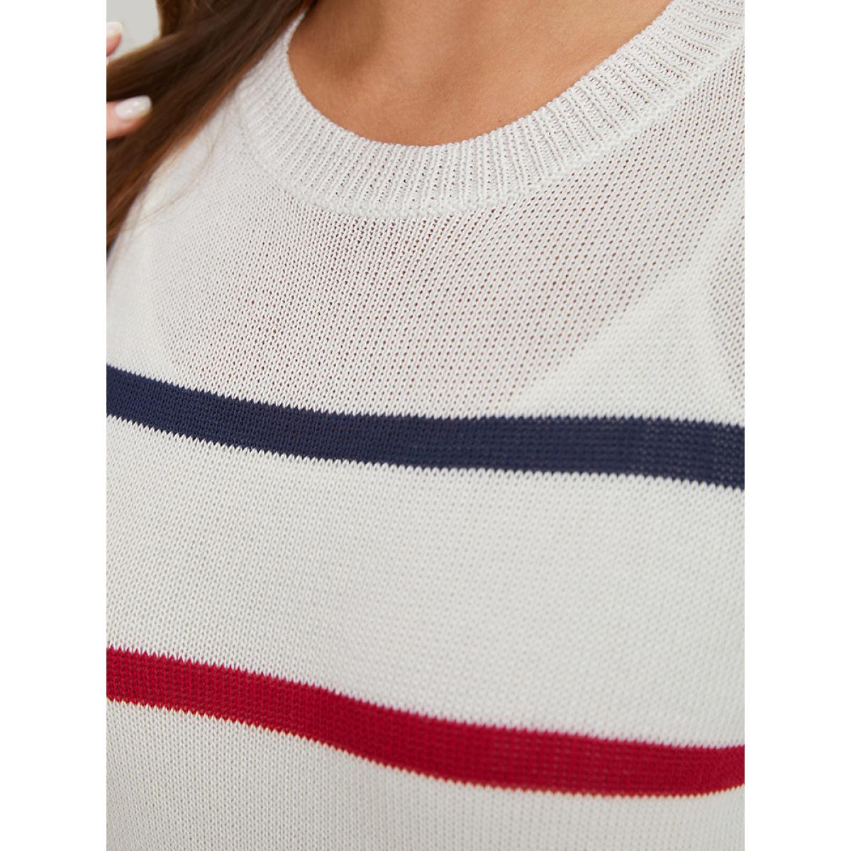 Plus Size Striped Contrast Drop Shoulder Pullover White Women Casual Bodycon Long Sleeve Round Neck Dailywear Pullovers BloomChic 18-20/2X Product Image