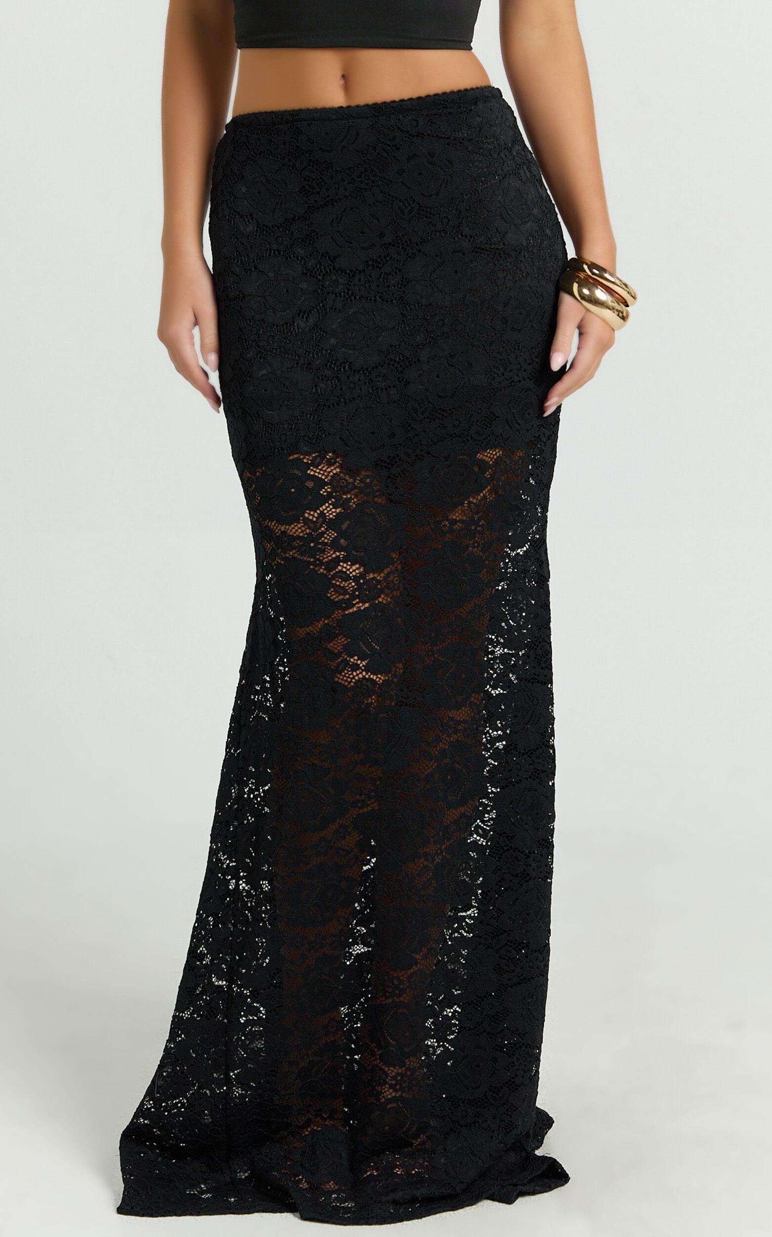 Kamille Maxi Skirt - Lace Mermaid Hem Skirt in Black Product Image