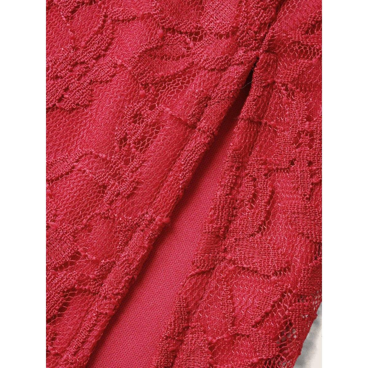 Plus Size Lace Panel Heart Neckline Split Side Dress Burgundy Women Cocktail Heart neckline Cap Sleeve Curvy BloomChic 30/6X Product Image