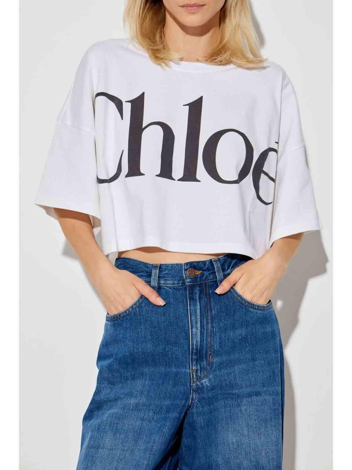 CHLOÉ White Cropped Crewneck T-shirt With Maxi Logo Print On The Front In Cotton Woman In Multicolor Product Image