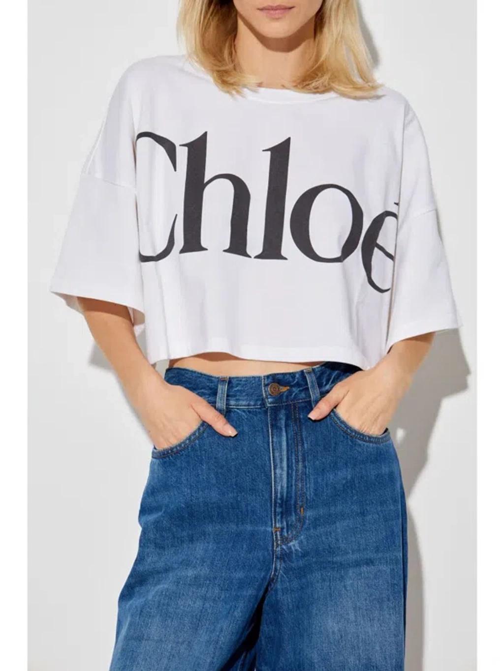 CHLOÉ White Cropped Crewneck T-shirt With Maxi Logo Print On The Front In Cotton Woman In Multicolor Product Image