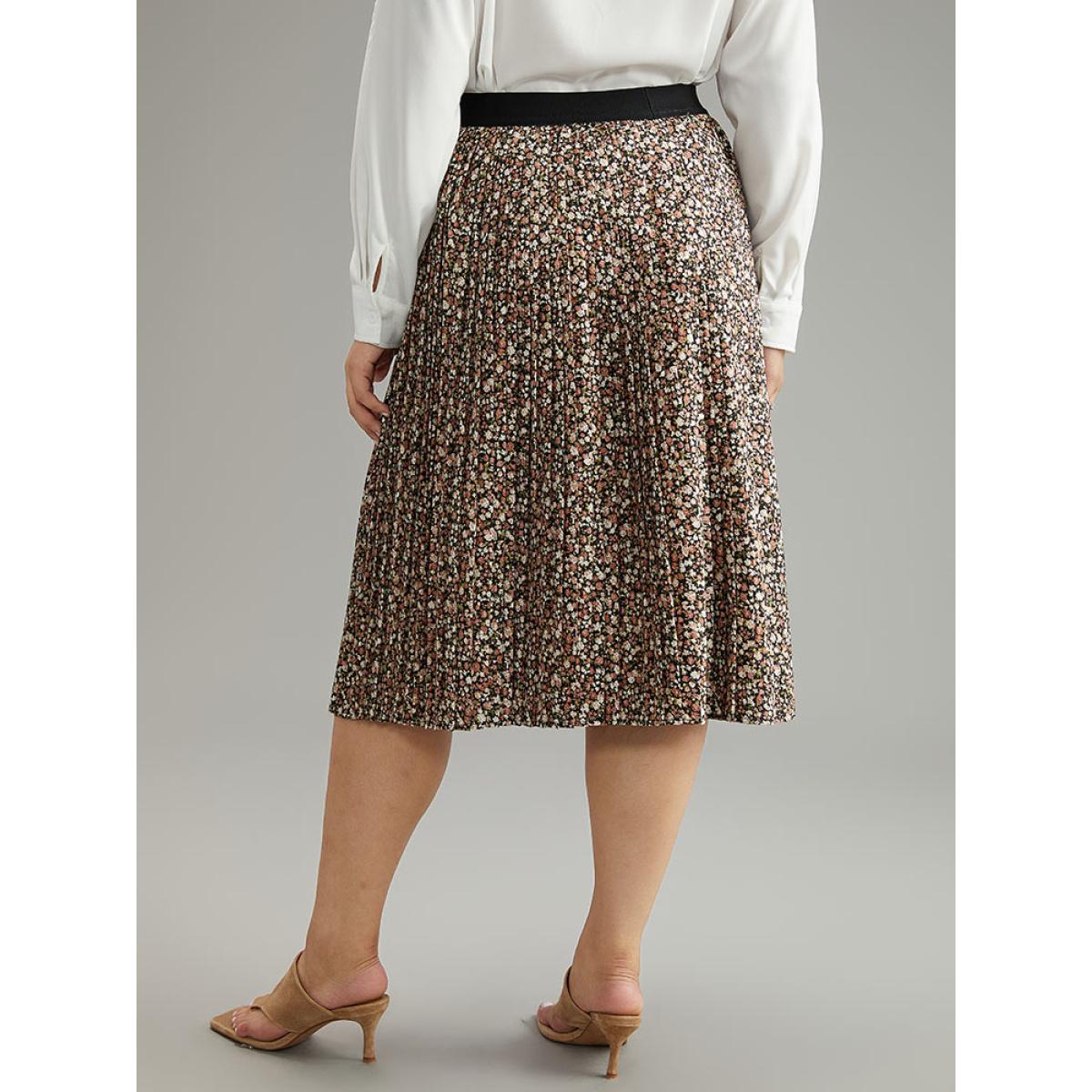 Plus Size Ditsy Floral Elastic Waist Midi Skirt Women Multicolor Elegant Pleated No stretch Dailywear Skirts BloomChic 28/5X Product Image