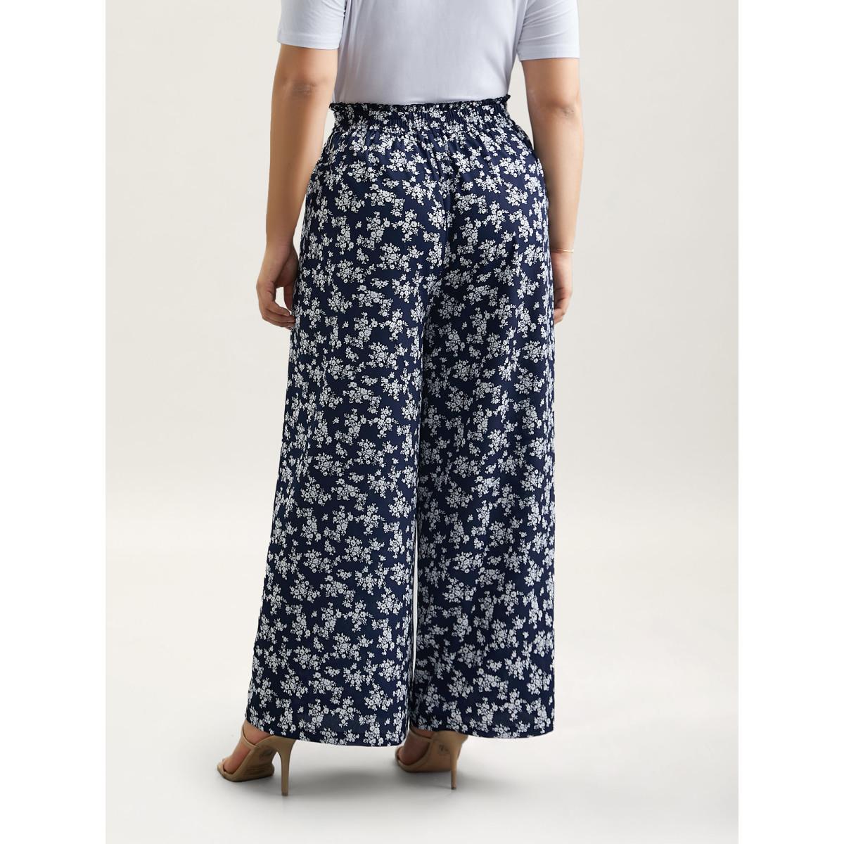 Plus Size Floral Print Waist Stretchy Wide Leg Pants Women Indigo Leisure Wide Leg Mid Rise Casual Pants BloomChic 10/M Product Image