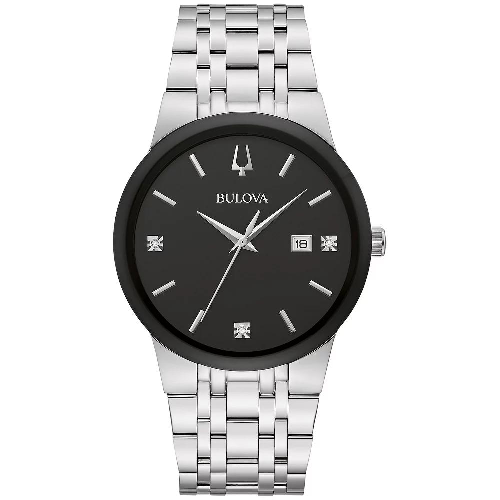 Bulova Mens Modern Stainless Steel Black Diamond Accent Bracelet Watch - 96D154 Silver Product Image
