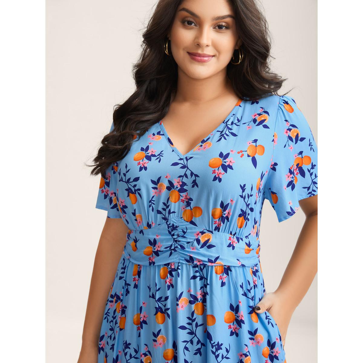 Plus Size Citrus Print Cinched-Waist Midi Dress Skyblue Women V-neck Short sleeve Curvy BloomChic 18-20/2X Product Image