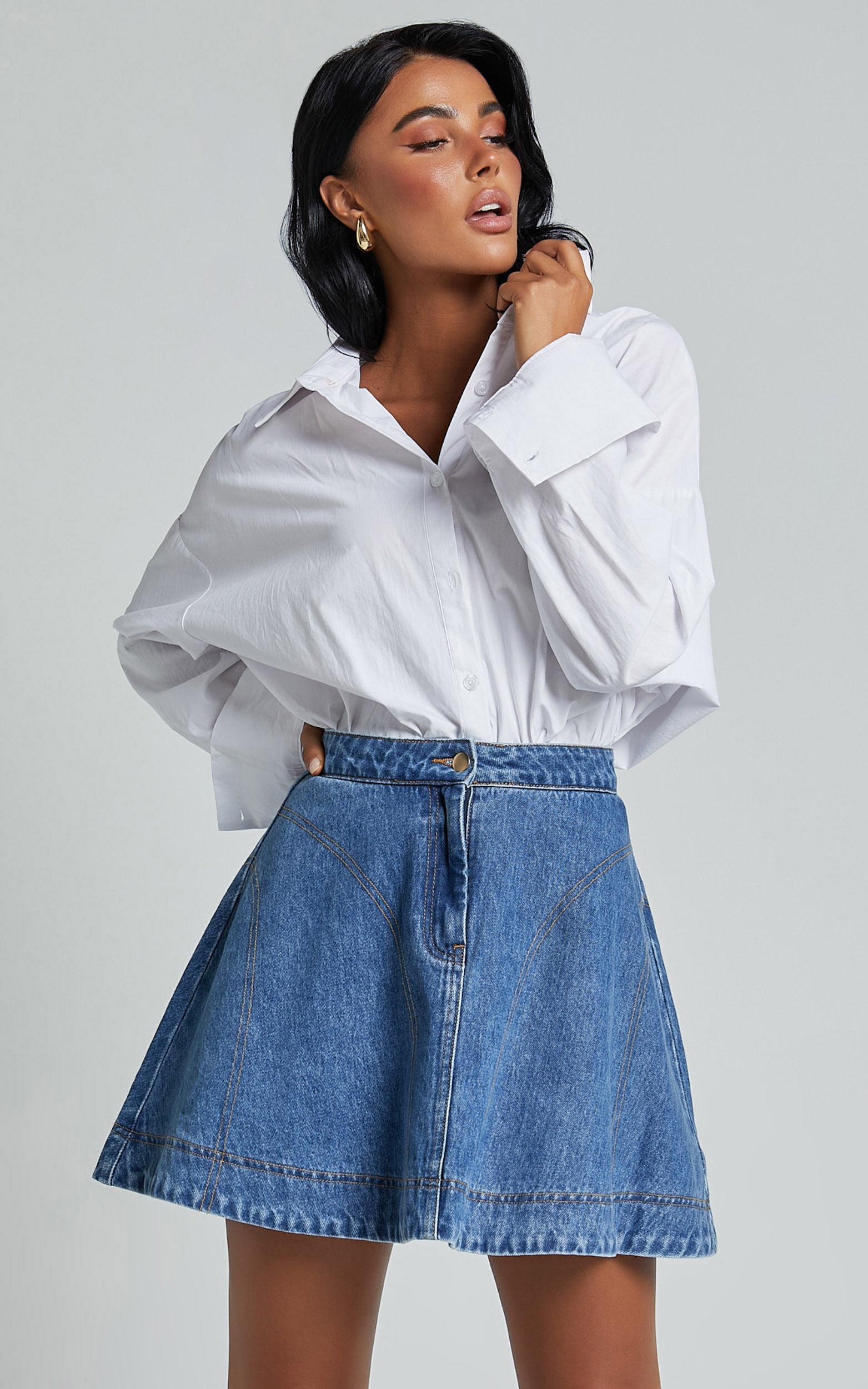 Koemi Skirt - High Waisted Denim Flare in Mid Blue Wash Product Image