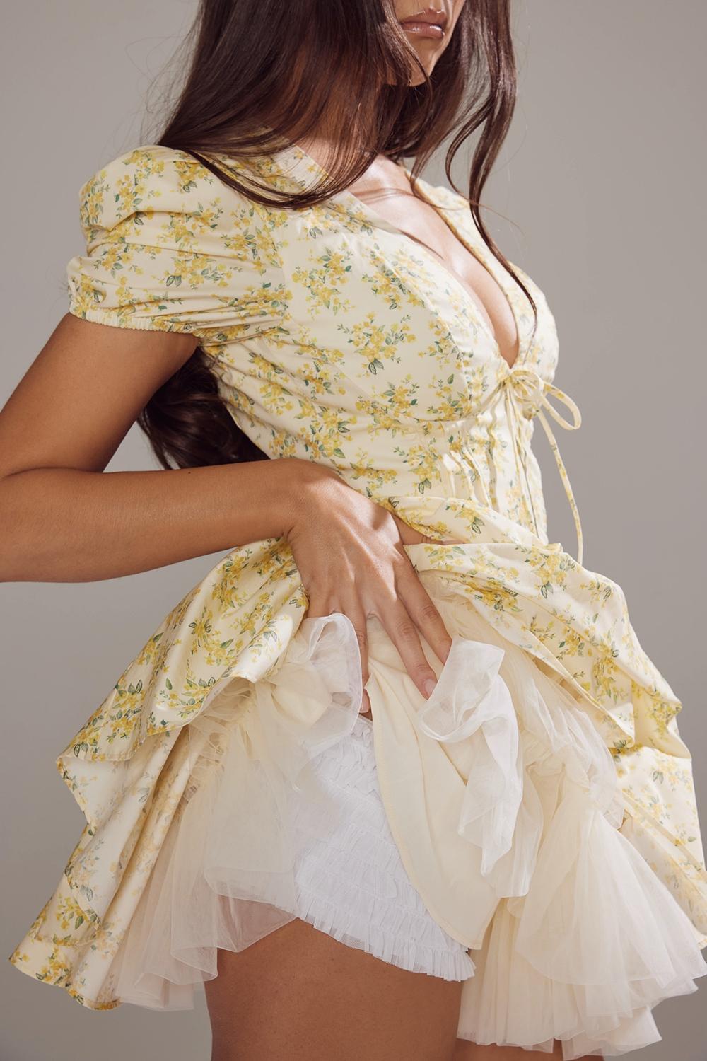 Imani  buttercup vintage floral print pleated cotton mini dress Product Image