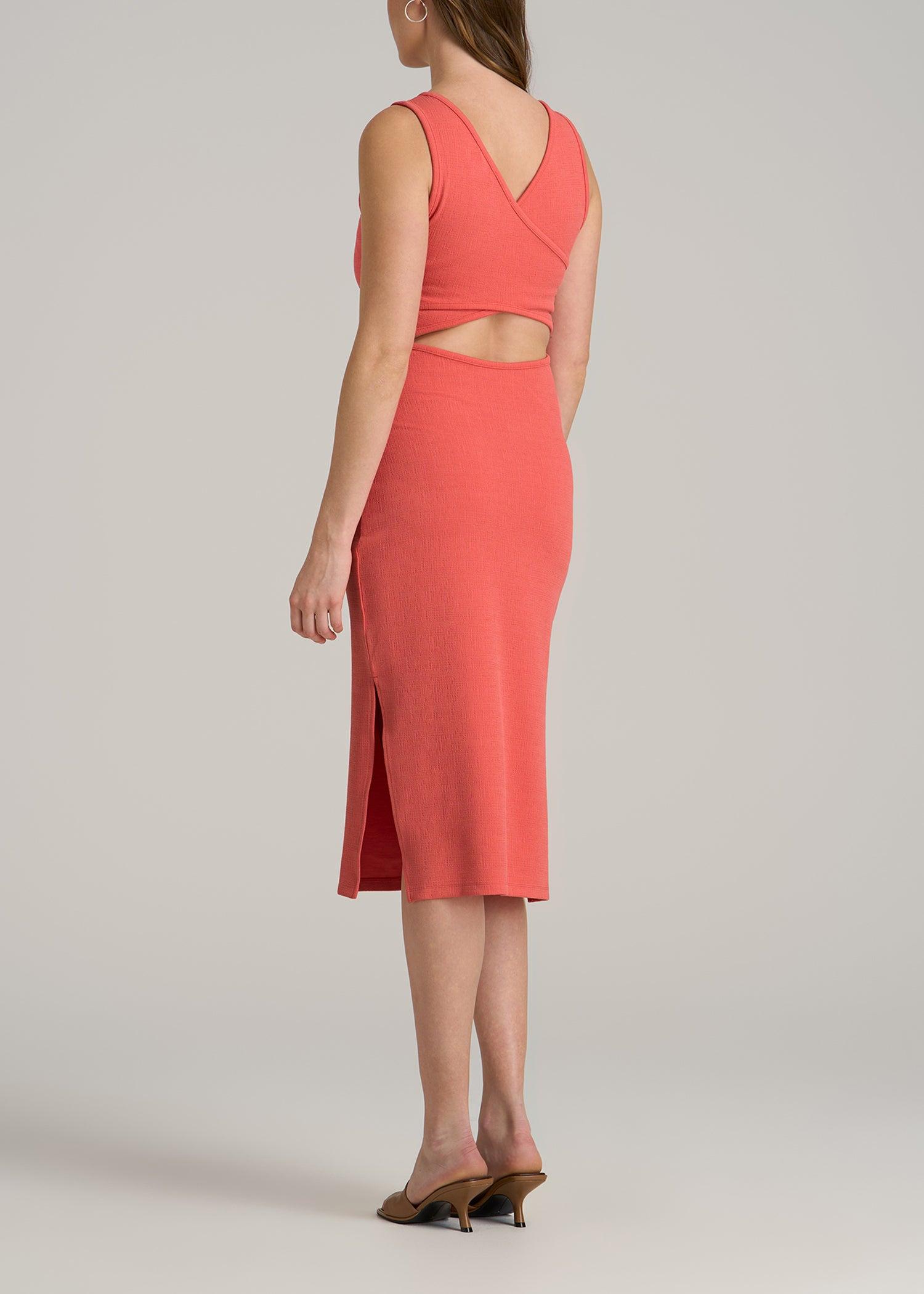 Midi Cross Back Sleeveless Dress for Tall Women in Sunset Coral Female Product Image