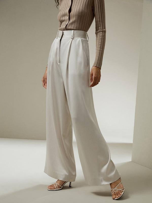 High-Waisted Wide Leg Dense Silk Pants Product Image
