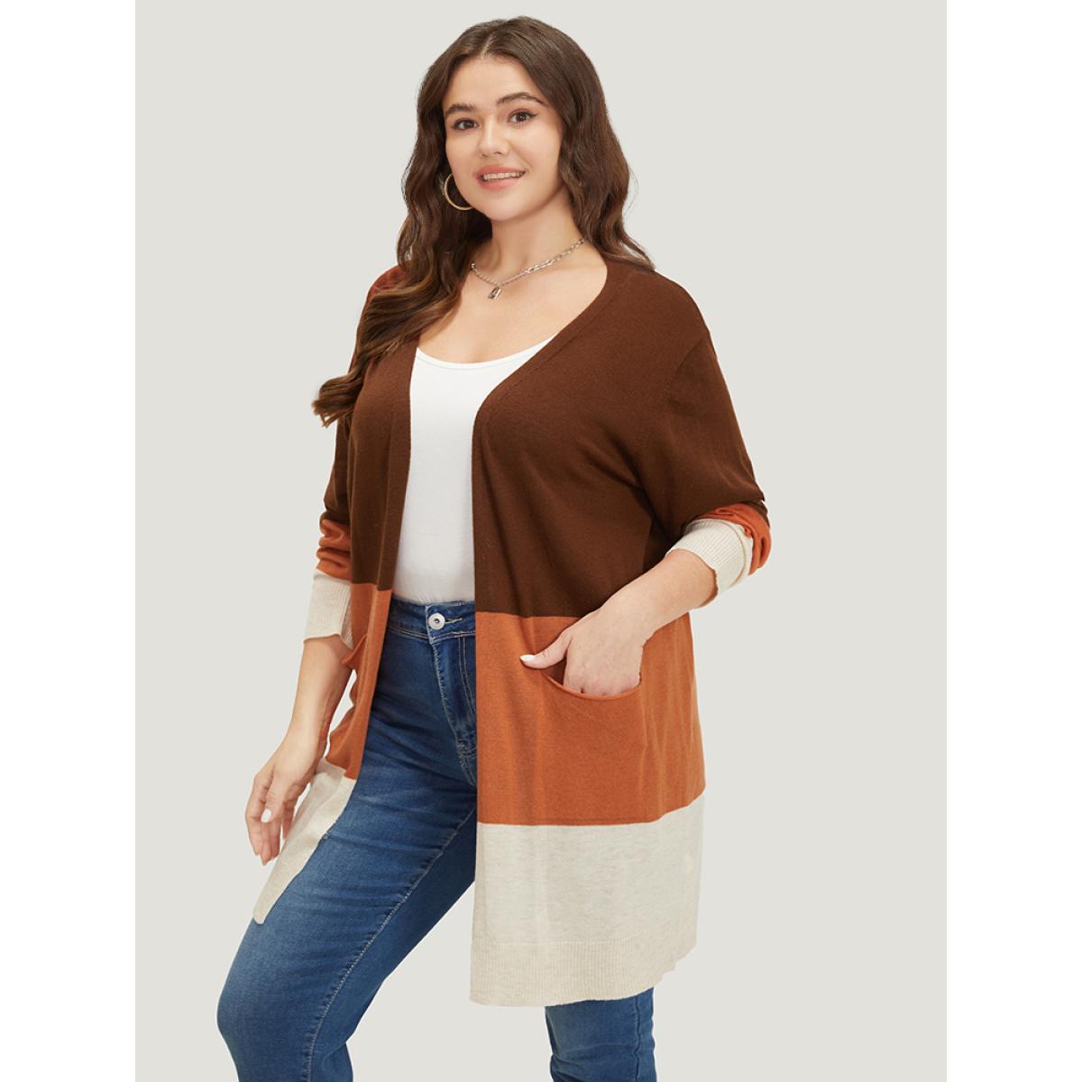 Plus Size Supersoft Essentials Colorblock Contrast Pocket Open Front Cardigan Orange Women Casual Loose Long Sleeve Everyday Cardigans BloomChic 28/5X Product Image