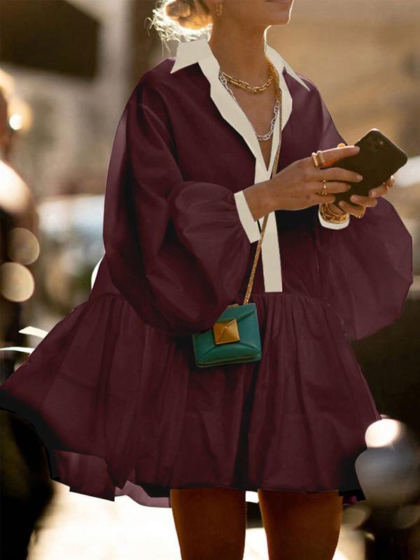 A-Line Long Sleeves Buttoned Contrast Color Pleated Lapel Mini Dresses Shirt Dress Product Image