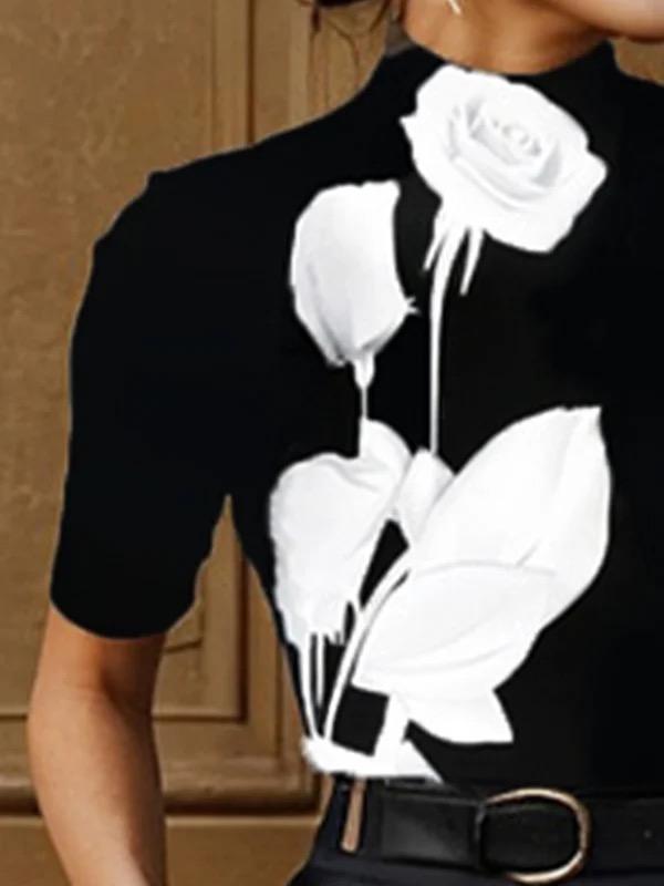 Short Sleeves Skinny Flower Print Stand Collar T-Shirts Tops Product Image