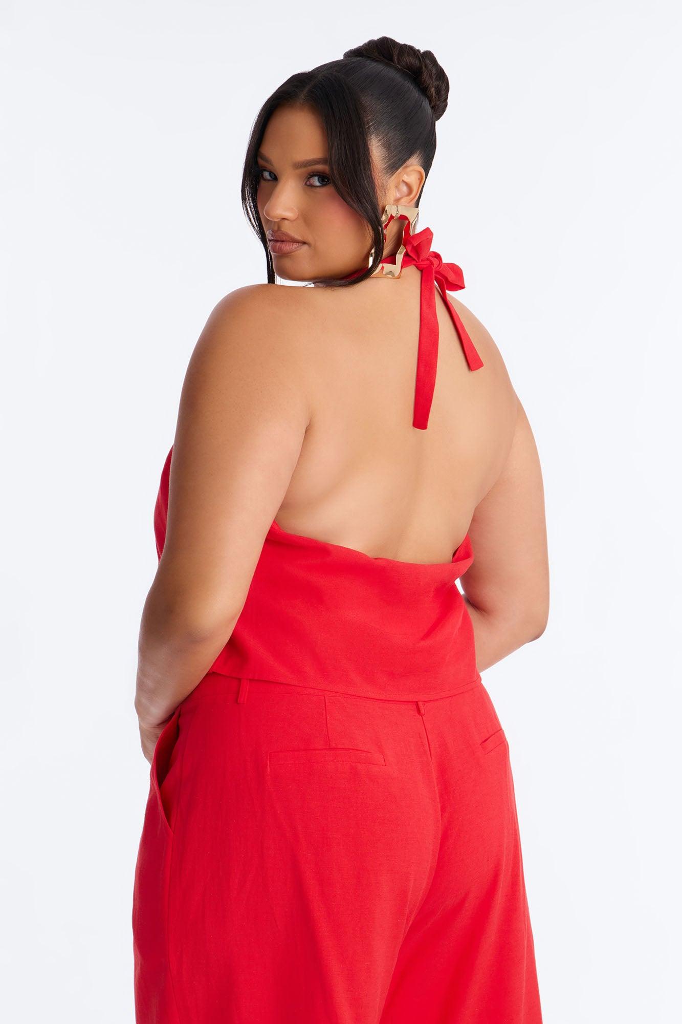 Ocean Breeze Linen Backless Halter Top - Tomato Red Female Product Image