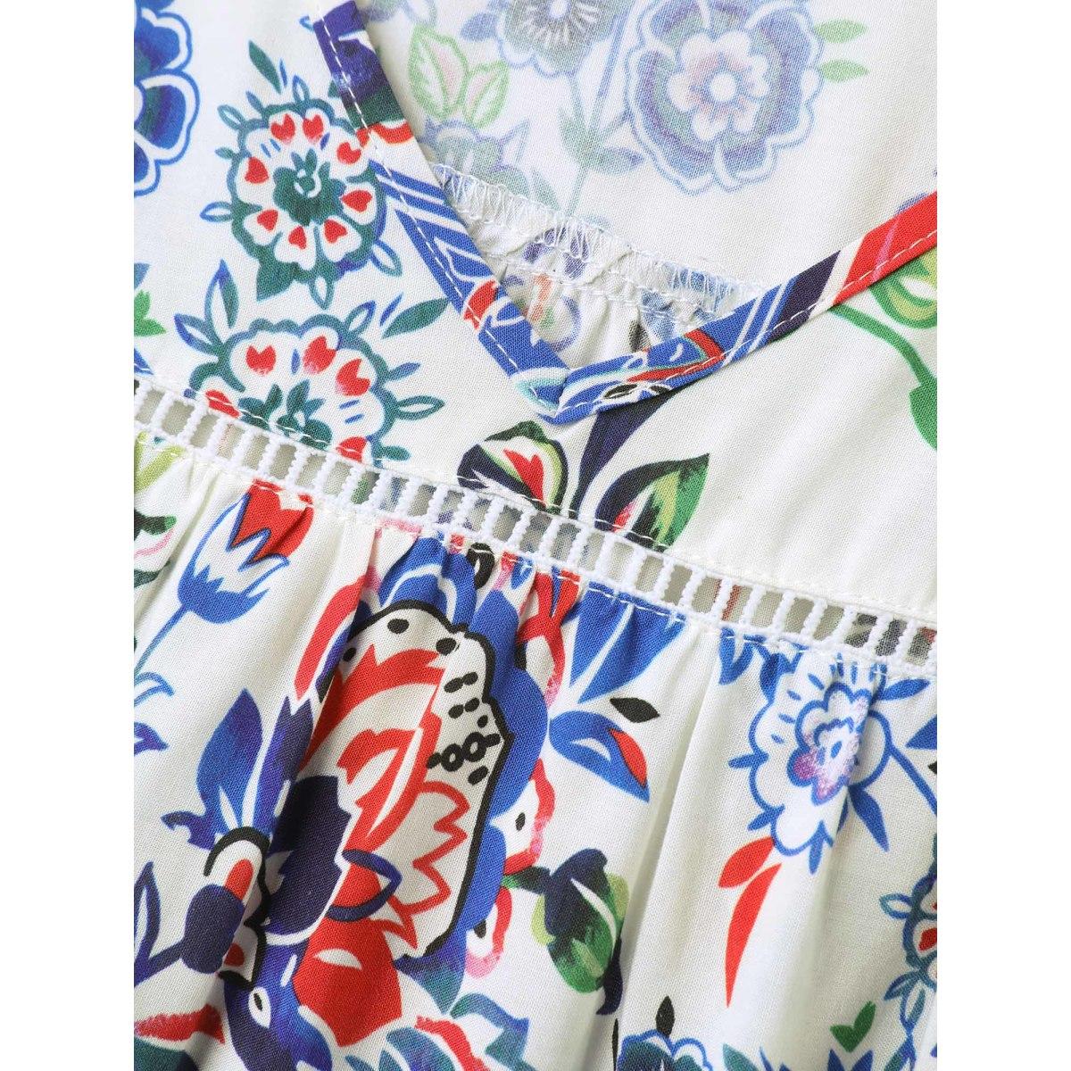 Plus Size Multicolor Rayon Floral Boho Print Lace Trim Blouse Women Short sleeve V-neck Elegant Blouses BloomChic 30/6X Product Image