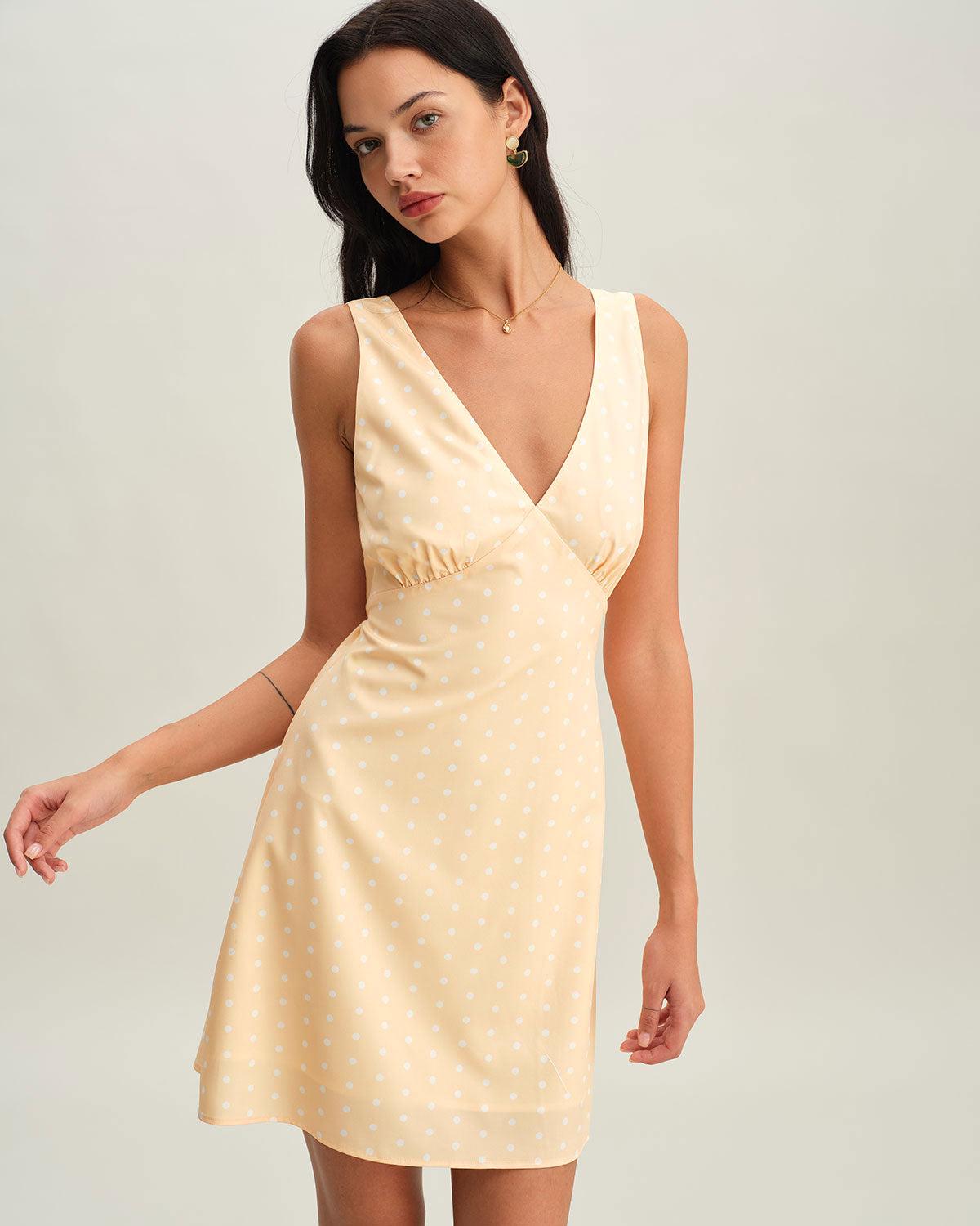 Yellow V Neck Polka Dot Sleeveless Mini Dress Product Image