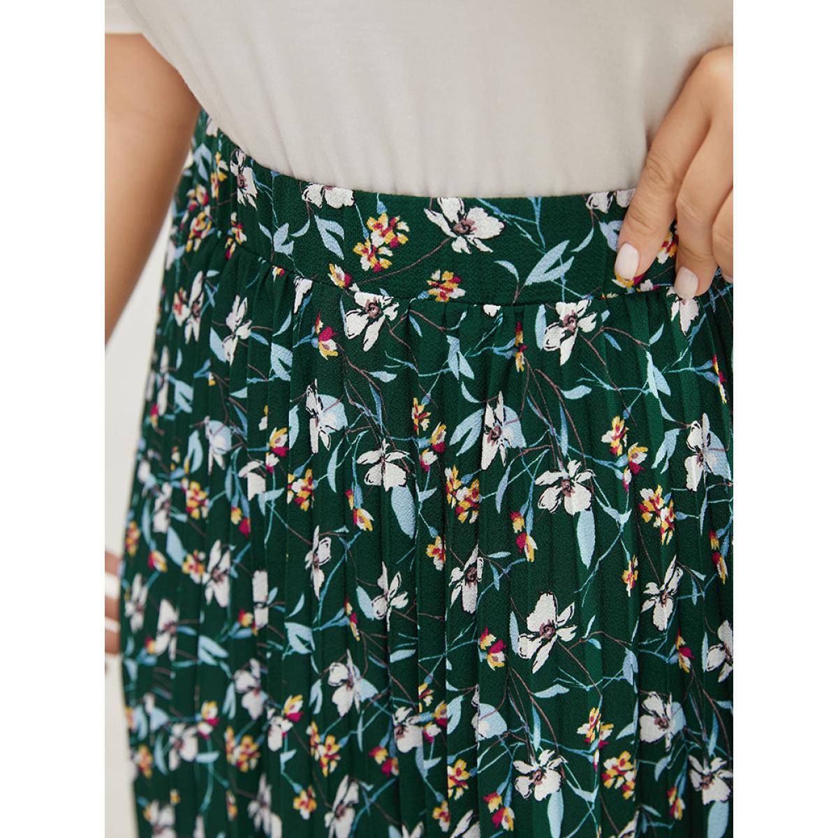 Plus Size Ditsy Floral Pleated Hanky Hem Skirt Women DarkGreen Elegant Asymmetrical No stretch Dailywear Skirts BloomChic 14-16/1X Product Image