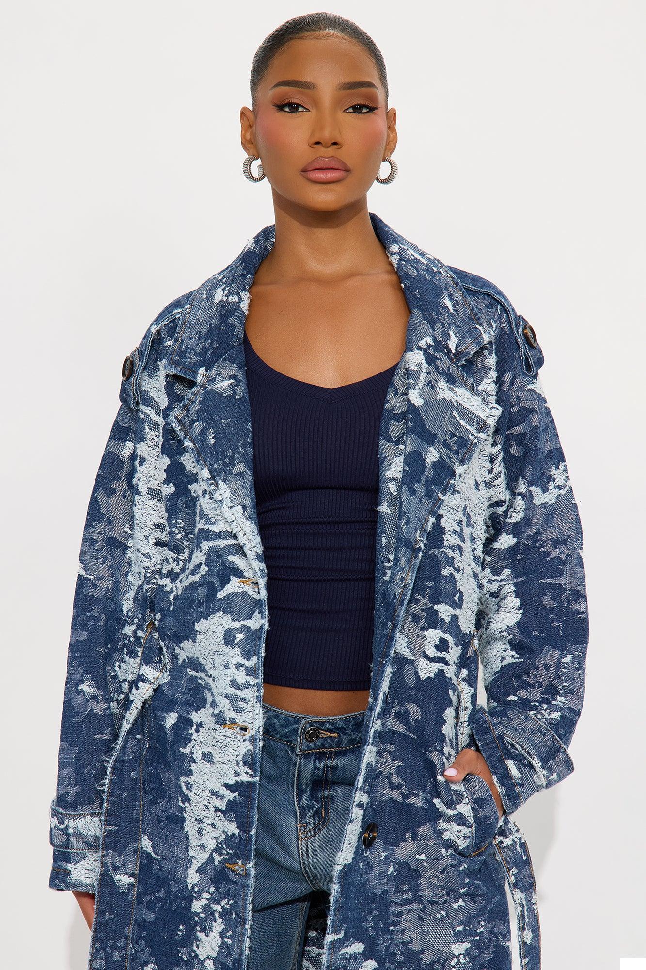 Soho Abstract Camo Denim Trench Coat - Medium Wash Female Product Image