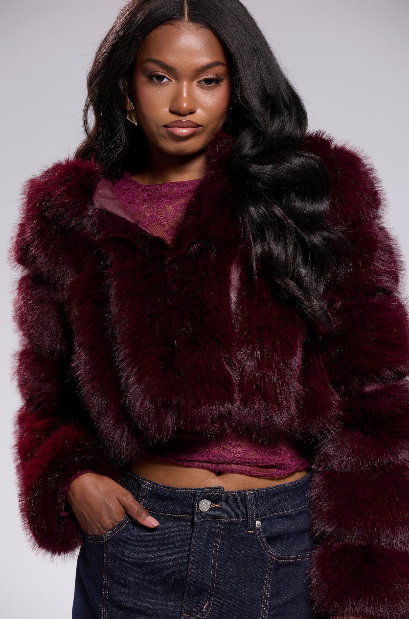 JOLENE FAUX FUR COAT IN BURGUNDY Product Image