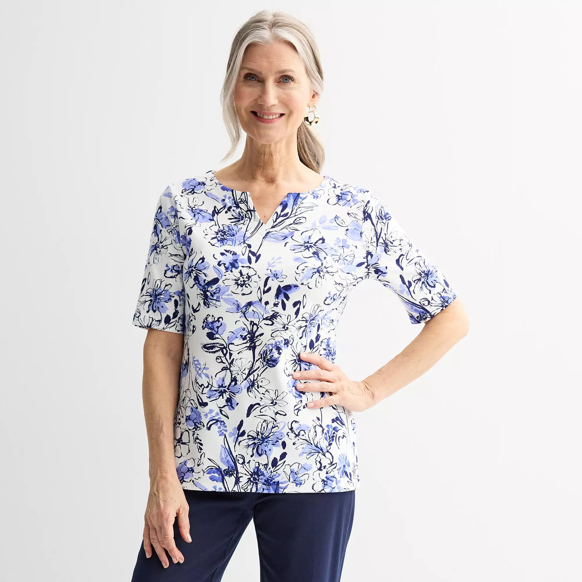 Petite Croft & Barrow® Elbow Sleeve Splitneck Top, Women's, Size: Small Petite, Blue Bouquet Floral Product Image